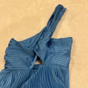 A.L.C- Nessa one shoulder cut out knotted Satin Pleated Dress in blue
